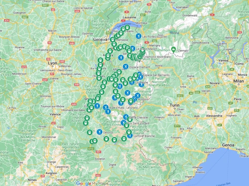 Overzicht Franse skigebieden en treinstations